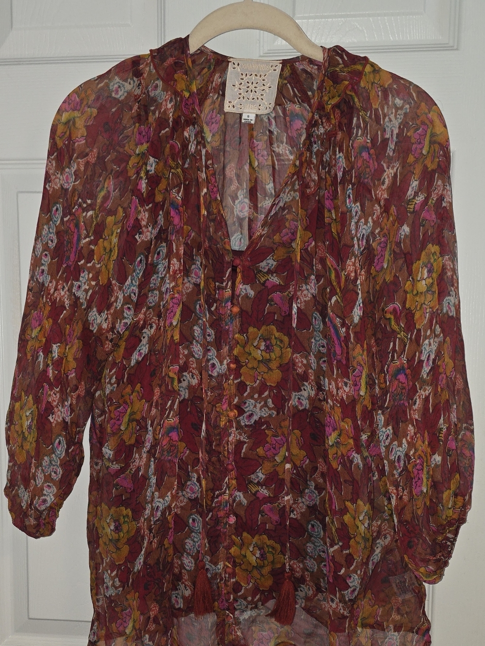 JOHNNY WAS Sheer Floral Tie-Neck Blouse - Burgundy Floral